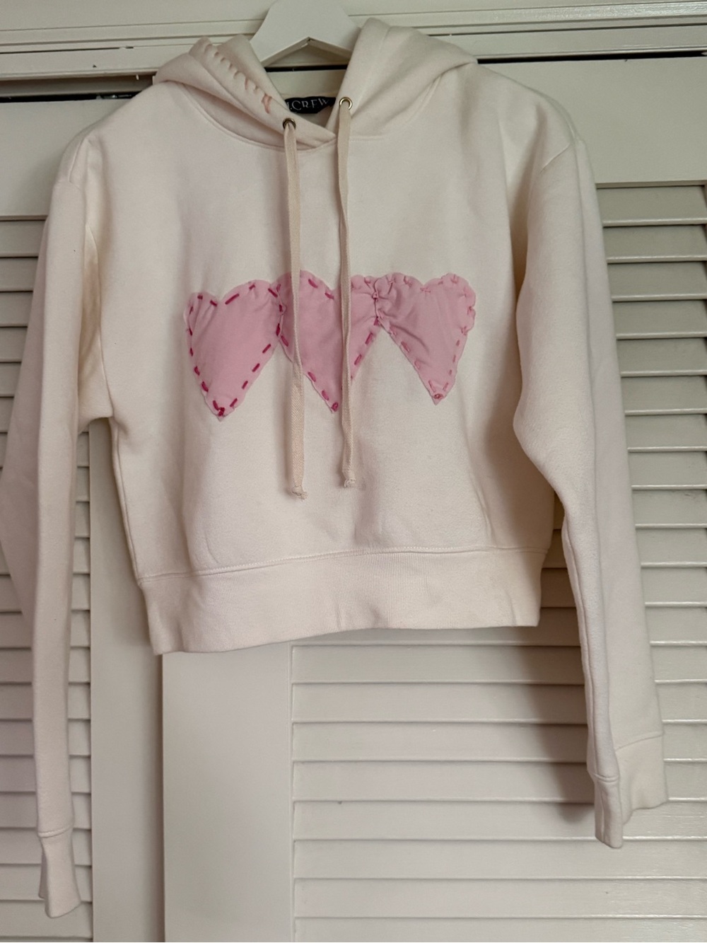 J. Crew Cream Crewneck Hoodie with Pink Heart Appliqués